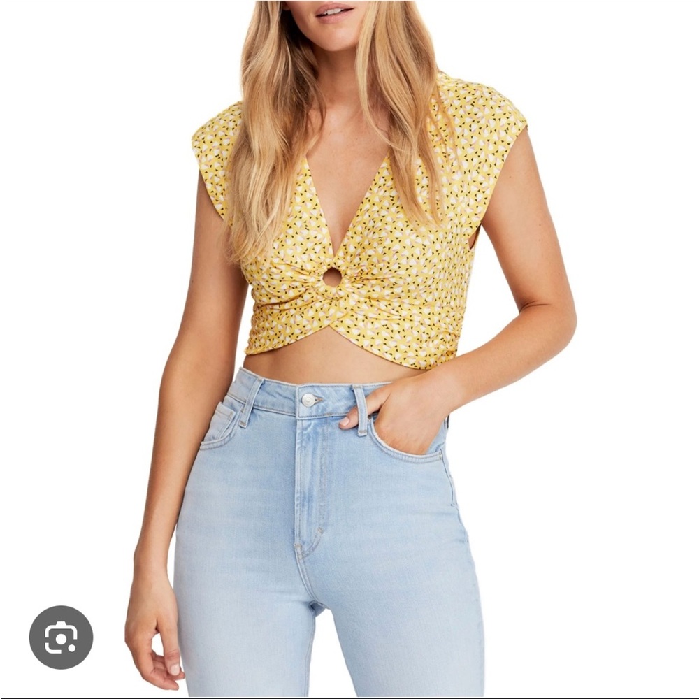 Free People Yellow Floral Twist-Front Crop Top